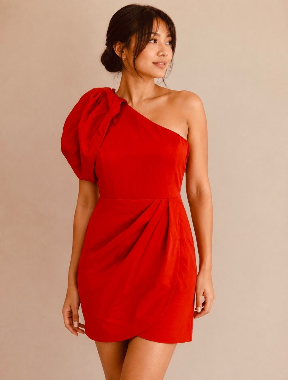 Do+Be Red One-Shoulder Puff Pleat Dress women large Red Cocktail Wedding Mini
